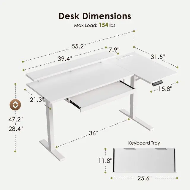 Alt view image 3 of 7 - 55 Inch Reversible L Shaped Electric Standing Desk, White | Monitor Stand, Keyboard Tray, Power Outlets, 3 Memory Presets, Corner Stand Up Desk for Ergonomic Home Office, Workstaion