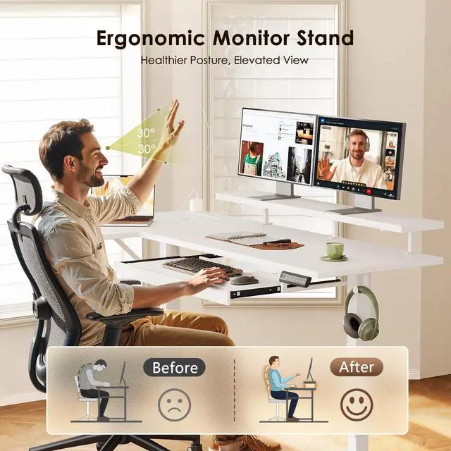 Alt view image 6 of 7 - 55 Inch Reversible L Shaped Electric Standing Desk, White | Monitor Stand, Keyboard Tray, Power Outlets, 3 Memory Presets, Corner Stand Up Desk for Ergonomic Home Office, Workstaion