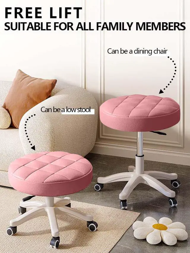 Alt view image 4 of 6 - Small Chair Round Rolling Stool with Wheels PU Leather Height Adjustable Swivel Drafting Work SPA Salon Stools Home Office Chair