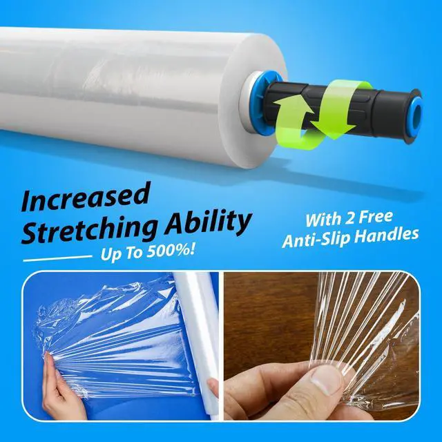 Alt view image 3 of 6 - 2 Rolls x 15" x 900 FT x Clear Heavy Duty Plastic Stretch Wrap Shrink Film for Shipping Packaging Moving Packing Trucking Logistics - Thicker Extra Durable Film - Wrap Holder Included