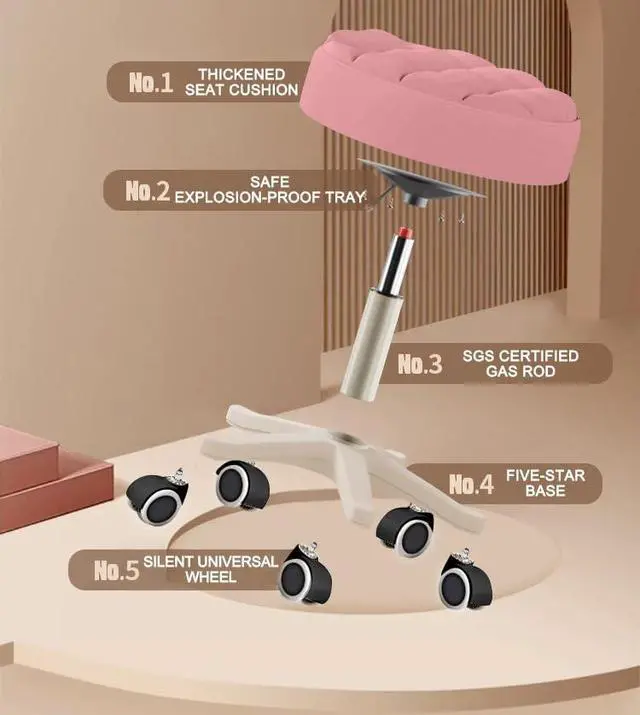 Alt view image 6 of 6 - Small Chair Round Rolling Stool with Wheels PU Leather Height Adjustable Swivel Drafting Work SPA Salon Stools Home Office Chair