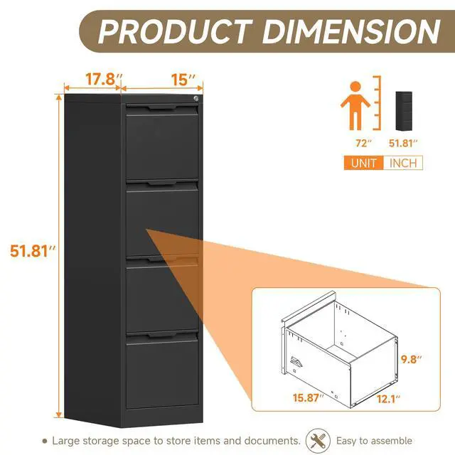 Alt view image 3 of 6 - Metal File Cabinet with Lock, 4 Drawer Filing Cabinet for Home Office, Locking Vertical Filing Cabinet for A4/F4/Lagel/Letter Assembly Required (Black, 4 Drawer)