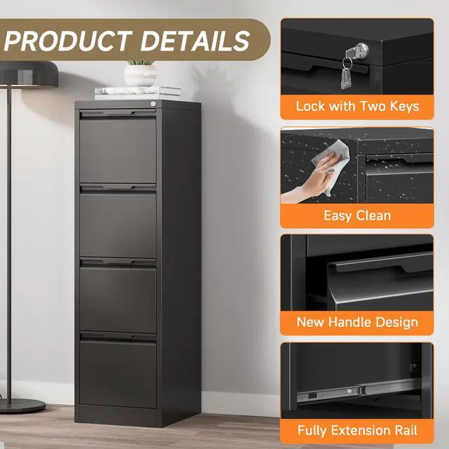 Alt view image 4 of 6 - Metal File Cabinet with Lock, 4 Drawer Filing Cabinet for Home Office, Locking Vertical Filing Cabinet for A4/F4/Lagel/Letter Assembly Required (Black, 4 Drawer)