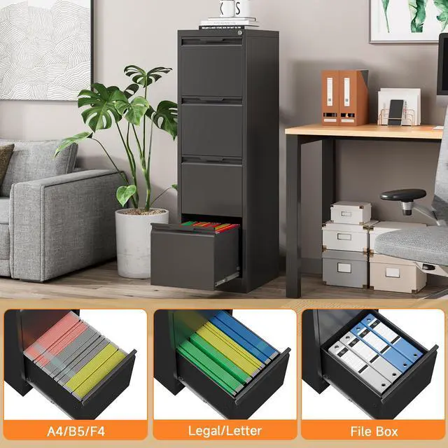 Alt view image 5 of 6 - Metal File Cabinet with Lock, 4 Drawer Filing Cabinet for Home Office, Locking Vertical Filing Cabinet for A4/F4/Lagel/Letter Assembly Required (Black, 4 Drawer)