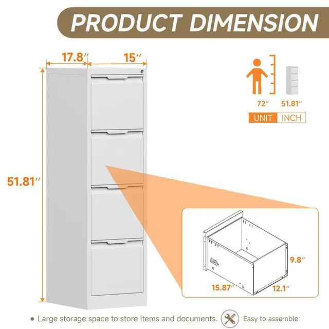 Alt view image 3 of 6 - Metal File Cabinet with Lock, 4 Drawer Filing Cabinet for Home Office, Locking Vertical Filing Cabinet for A4/F4/Lagel/Letter Assembly Required (White, 4 Drawer)