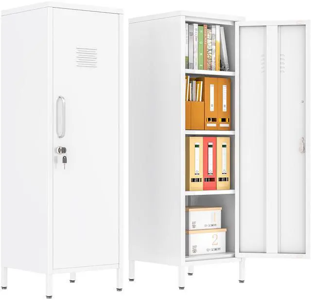 Main image of 47.24" White Lockable Small Metal Storage Locker | 1 Door & 3 Adjustable Shelves, Steel Cabinet for Employees, Home, School, Office & Gym