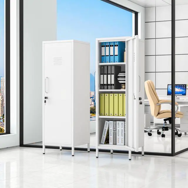 Alt view image 2 of 7 - 47.24" White Lockable Small Metal Storage Locker | 1 Door & 3 Adjustable Shelves, Steel Cabinet for Employees, Home, School, Office & Gym