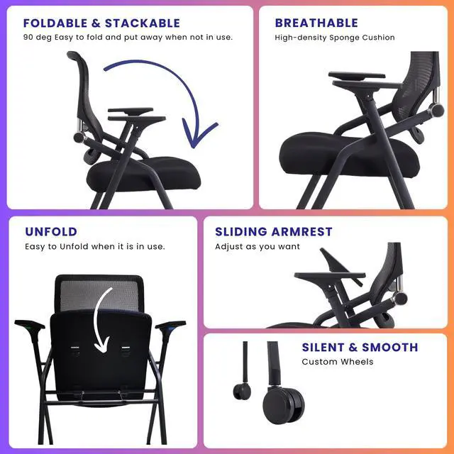 Alt view image 4 of 5 - 2 Pack Stackable & Foldable Conference Room Chairs with Lumbar Support, Armrest - Ergonomic Mesh Bouncing Back for Office Meeting, Conference, Reception and Training Room Chair