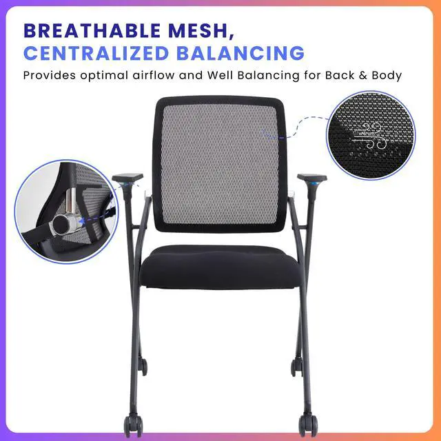 Alt view image 5 of 5 - 2 Pack Stackable & Foldable Conference Room Chairs with Lumbar Support, Armrest - Ergonomic Mesh Bouncing Back for Office Meeting, Conference, Reception and Training Room Chair
