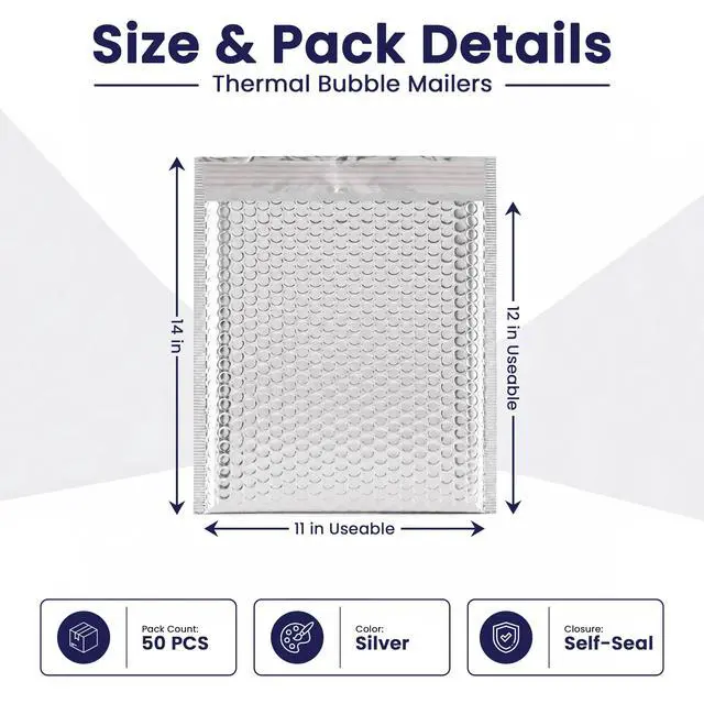 Alt view image 2 of 7 - Waterproof Insulated Foil Thermal Bubble Mailers 12x11, 50-Pack | Ideal for food, skincare, cosmetics & perishables. Tear-resistant metallic lining protects temperature-sensitive items