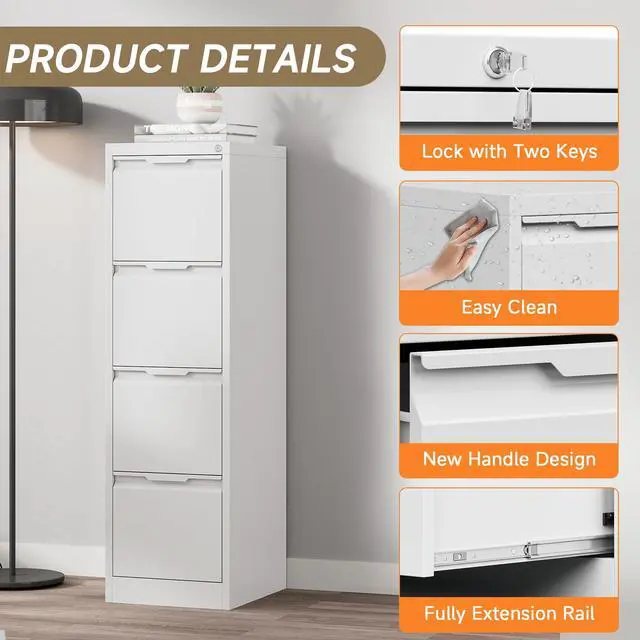 Alt view image 4 of 6 - Metal File Cabinet with Lock, 4 Drawer Filing Cabinet for Home Office, Locking Vertical Filing Cabinet for A4/F4/Lagel/Letter Assembly Required (White, 4 Drawer)