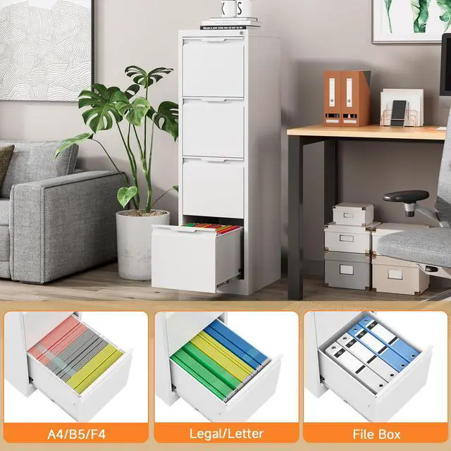 Alt view image 5 of 6 - Metal File Cabinet with Lock, 4 Drawer Filing Cabinet for Home Office, Locking Vertical Filing Cabinet for A4/F4/Lagel/Letter Assembly Required (White, 4 Drawer)