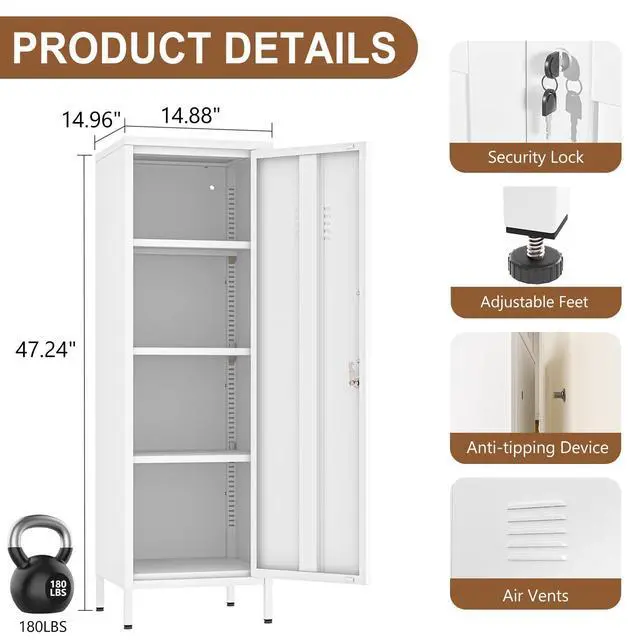Alt view image 3 of 7 - 47.24" White Lockable Small Metal Storage Locker | 1 Door & 3 Adjustable Shelves, Steel Cabinet for Employees, Home, School, Office & Gym