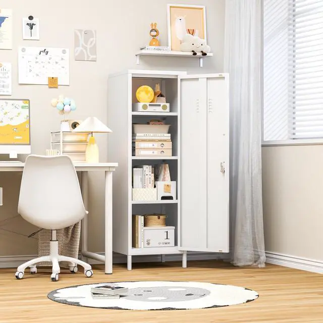 Alt view image 5 of 7 - 47.24" White Lockable Small Metal Storage Locker | 1 Door & 3 Adjustable Shelves, Steel Cabinet for Employees, Home, School, Office & Gym