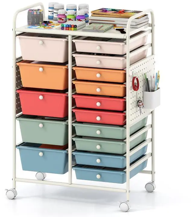 Main image of 15 Drawer Storage Cart, Rolling Craft Cart with Metal Tabletop & Pegboard, Mobile Utility Organizer Trolley with Locking Wheels, Home Office, Classroom, Teacher Supplies, Macaron Multicolor