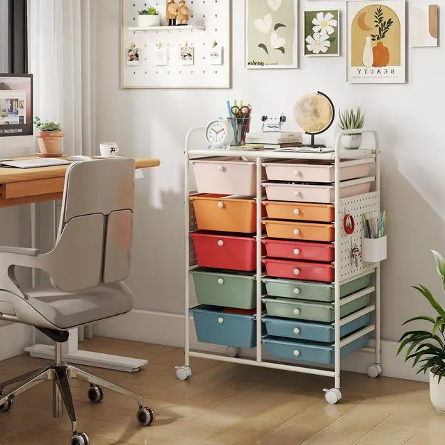 Alt view image 2 of 7 - 15 Drawer Storage Cart, Rolling Craft Cart with Metal Tabletop & Pegboard, Mobile Utility Organizer Trolley with Locking Wheels, Home Office, Classroom, Teacher Supplies, Macaron Multicolor