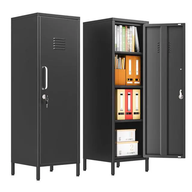 Main image of 47.24" Black Lockable Small Metal Storage Locker | 1 Door & 3 Adjustable Shelves, Steel Cabinet for Employees, Home, School, Office & Gym