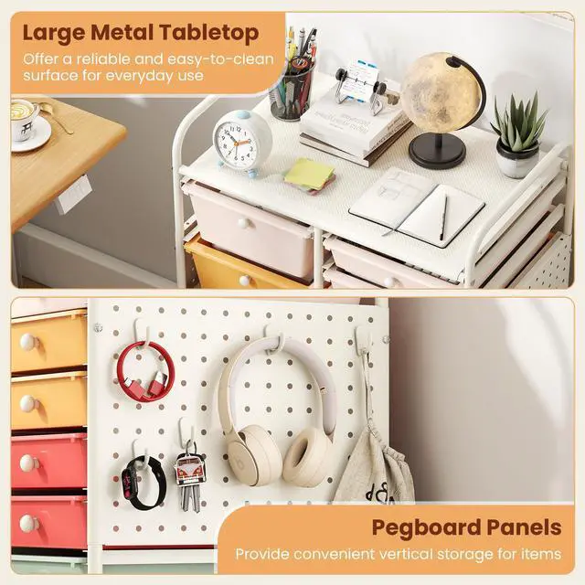 Alt view image 4 of 7 - 15 Drawer Storage Cart, Rolling Craft Cart with Metal Tabletop & Pegboard, Mobile Utility Organizer Trolley with Locking Wheels, Home Office, Classroom, Teacher Supplies, Macaron Multicolor
