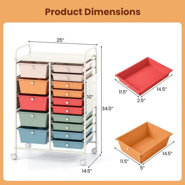 Alt view image 3 of 7 - 15 Drawer Storage Cart, Rolling Craft Cart with Metal Tabletop & Pegboard, Mobile Utility Organizer Trolley with Locking Wheels, Home Office, Classroom, Teacher Supplies, Macaron Multicolor