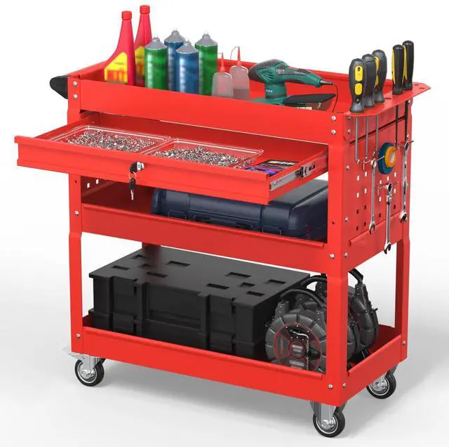 Main image of 3 Tier Rolling Tool Cart on Wheels, 550 LBS Tool Cart with DrawersHeavy Duty Utility Cart with Pegboard and HookMechanic Tool Storage Cart for Garage, Warehouse and Repair Shop(Red)