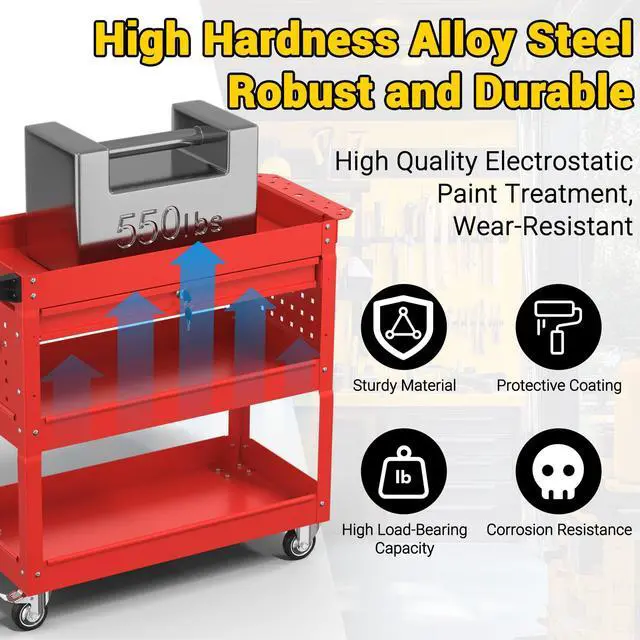 Alt view image 2 of 7 - 3 Tier Rolling Tool Cart on Wheels, 550 LBS Tool Cart with DrawersHeavy Duty Utility Cart with Pegboard and HookMechanic Tool Storage Cart for Garage, Warehouse and Repair Shop(Red)