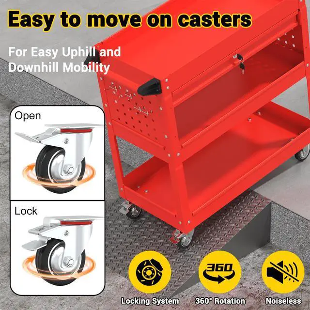 Alt view image 3 of 7 - 3 Tier Rolling Tool Cart on Wheels, 550 LBS Tool Cart with DrawersHeavy Duty Utility Cart with Pegboard and HookMechanic Tool Storage Cart for Garage, Warehouse and Repair Shop(Red)