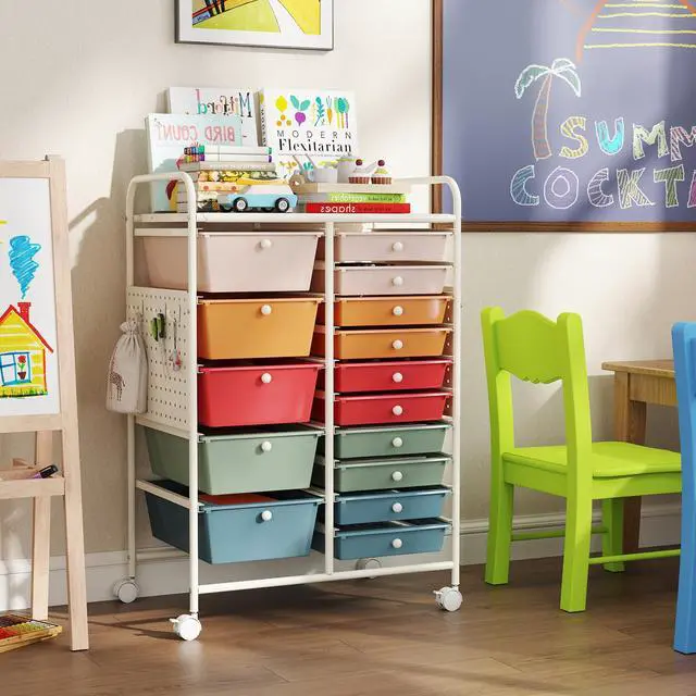 Alt view image 5 of 7 - 15 Drawer Storage Cart, Rolling Craft Cart with Metal Tabletop & Pegboard, Mobile Utility Organizer Trolley with Locking Wheels, Home Office, Classroom, Teacher Supplies, Macaron Multicolor