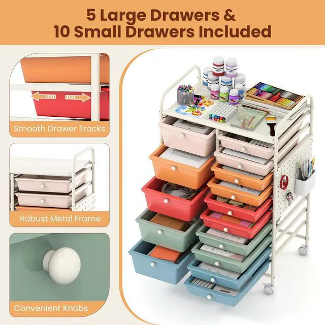 Alt view image 6 of 7 - 15 Drawer Storage Cart, Rolling Craft Cart with Metal Tabletop & Pegboard, Mobile Utility Organizer Trolley with Locking Wheels, Home Office, Classroom, Teacher Supplies, Macaron Multicolor