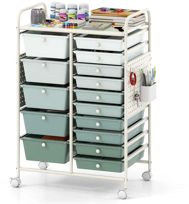 Main image of 15 Drawer Storage Cart, Rolling Craft Cart with Metal Tabletop & Pegboard, Mobile Utility Organizer Trolley with Locking Wheels, Home Office, Classroom, Teacher Supplies, Green Gradient