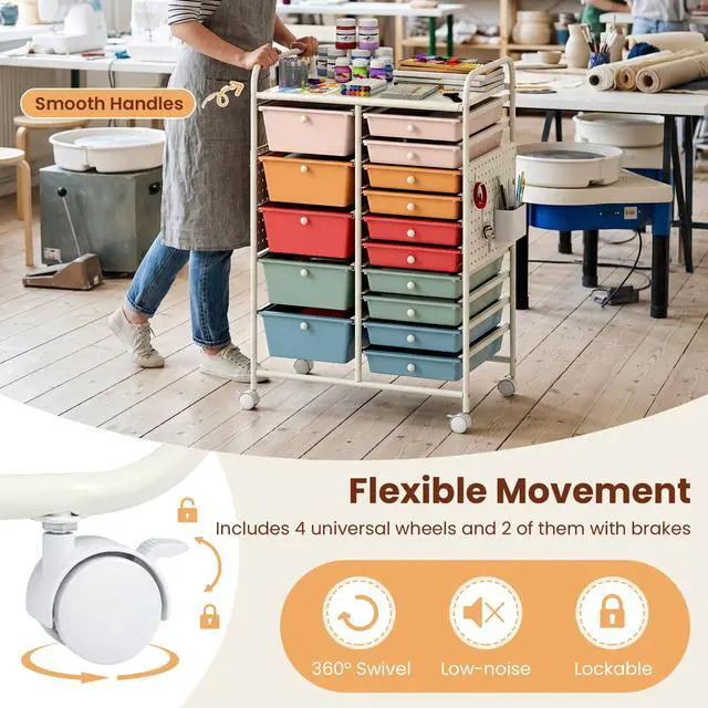 Alt view image 7 of 7 - 15 Drawer Storage Cart, Rolling Craft Cart with Metal Tabletop & Pegboard, Mobile Utility Organizer Trolley with Locking Wheels, Home Office, Classroom, Teacher Supplies, Macaron Multicolor