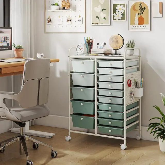 Alt view image 2 of 7 - 15 Drawer Storage Cart, Rolling Craft Cart with Metal Tabletop & Pegboard, Mobile Utility Organizer Trolley with Locking Wheels, Home Office, Classroom, Teacher Supplies, Green Gradient