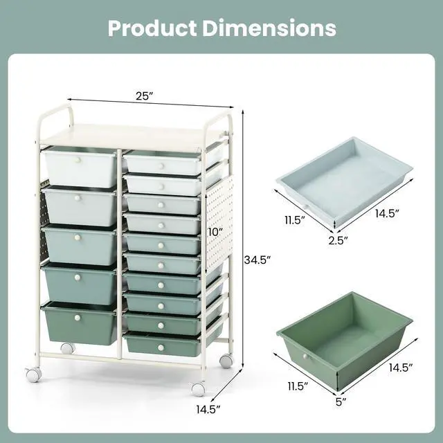 Alt view image 3 of 7 - 15 Drawer Storage Cart, Rolling Craft Cart with Metal Tabletop & Pegboard, Mobile Utility Organizer Trolley with Locking Wheels, Home Office, Classroom, Teacher Supplies, Green Gradient