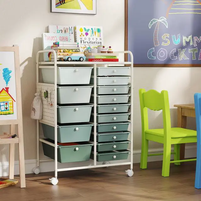 Alt view image 5 of 7 - 15 Drawer Storage Cart, Rolling Craft Cart with Metal Tabletop & Pegboard, Mobile Utility Organizer Trolley with Locking Wheels, Home Office, Classroom, Teacher Supplies, Green Gradient