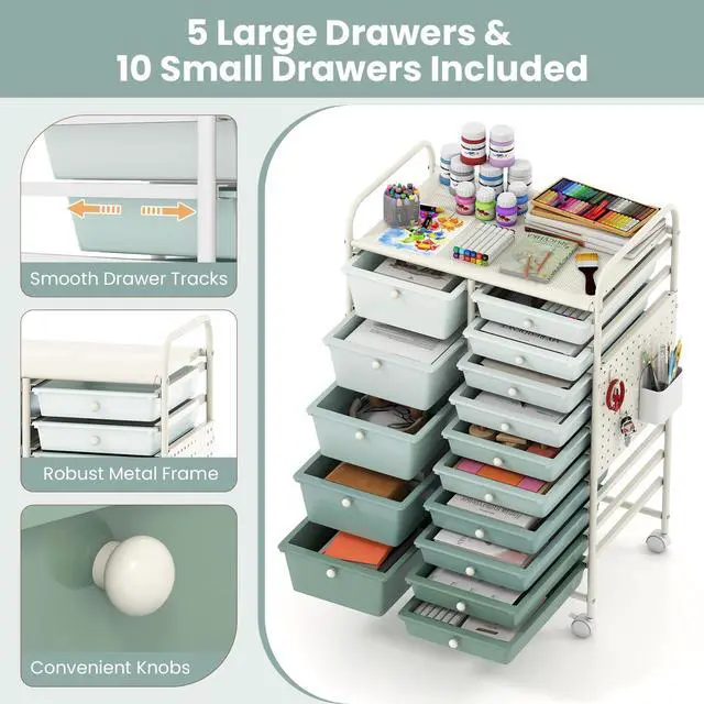 Alt view image 6 of 7 - 15 Drawer Storage Cart, Rolling Craft Cart with Metal Tabletop & Pegboard, Mobile Utility Organizer Trolley with Locking Wheels, Home Office, Classroom, Teacher Supplies, Green Gradient