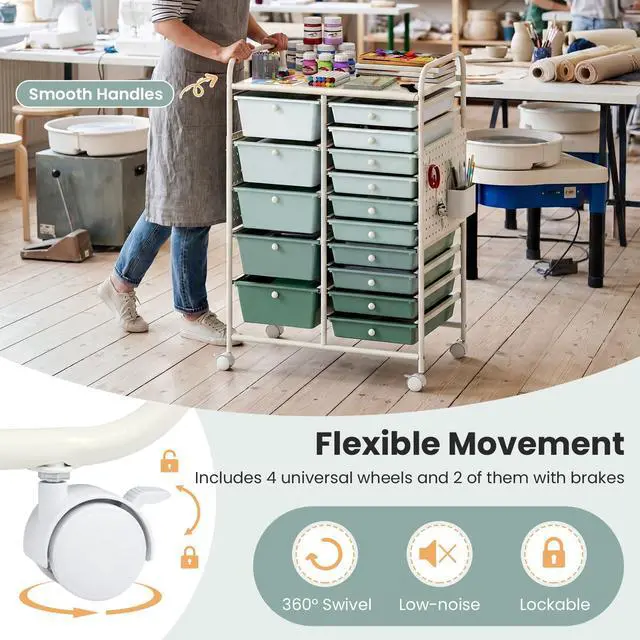 Alt view image 7 of 7 - 15 Drawer Storage Cart, Rolling Craft Cart with Metal Tabletop & Pegboard, Mobile Utility Organizer Trolley with Locking Wheels, Home Office, Classroom, Teacher Supplies, Green Gradient