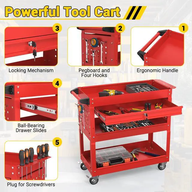 Alt view image 4 of 7 - 3 Tier Rolling Tool Cart on Wheels, 550 LBS Tool Cart with DrawersHeavy Duty Utility Cart with Pegboard and HookMechanic Tool Storage Cart for Garage, Warehouse and Repair Shop(Red)