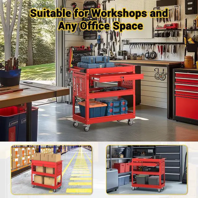 Alt view image 7 of 7 - 3 Tier Rolling Tool Cart on Wheels, 550 LBS Tool Cart with DrawersHeavy Duty Utility Cart with Pegboard and HookMechanic Tool Storage Cart for Garage, Warehouse and Repair Shop(Red)