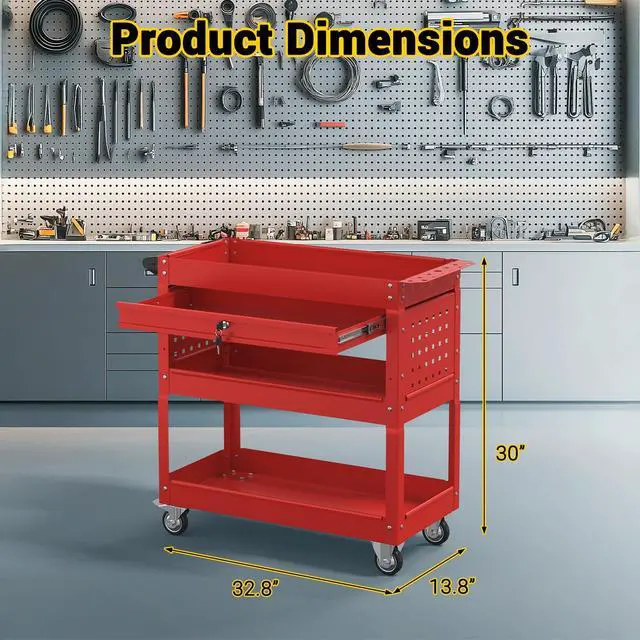 Alt view image 5 of 7 - 3 Tier Rolling Tool Cart on Wheels, 550 LBS Tool Cart with DrawersHeavy Duty Utility Cart with Pegboard and HookMechanic Tool Storage Cart for Garage, Warehouse and Repair Shop(Red)