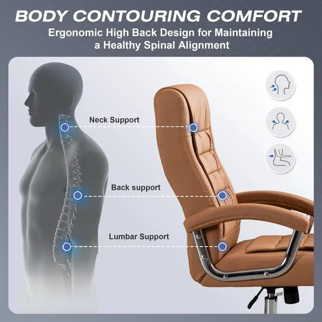 Alt view image 4 of 7 - Executive Office Chair Adjustable Leather Chair High Back Swivel Office Desk Chair with Padded Armrest 350lbs Load-Bearing Spring Seat Computer Desk Chair for Home Office, Khaki