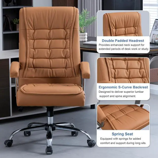 Alt view image 6 of 7 - Executive Office Chair Adjustable Leather Chair High Back Swivel Office Desk Chair with Padded Armrest 350lbs Load-Bearing Spring Seat Computer Desk Chair for Home Office, Khaki