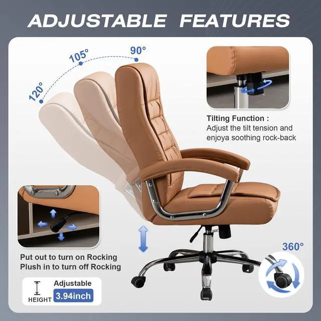 Alt view image 3 of 7 - Executive Office Chair Adjustable Leather Chair High Back Swivel Office Desk Chair with Padded Armrest 350lbs Load-Bearing Spring Seat Computer Desk Chair for Home Office, Khaki