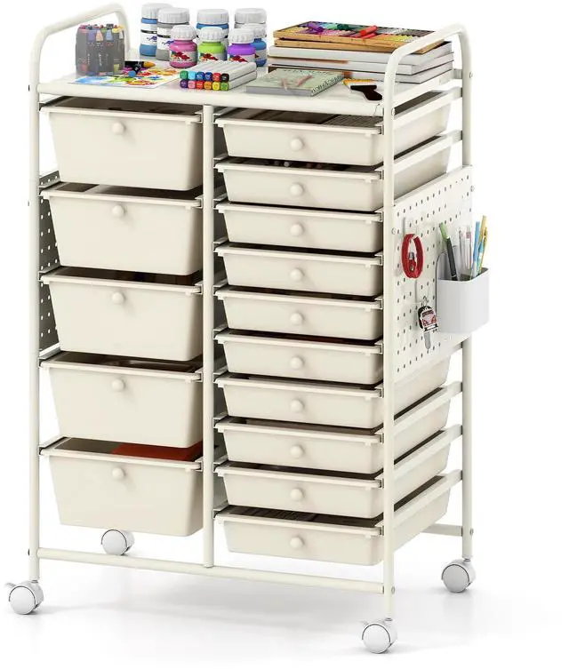 Main image of 15 Drawer Storage Cart, Rolling Craft Cart with Metal Tabletop & Pegboard, Mobile Utility Organizer Trolley with Locking Wheels, Home Office, Classroom, Teacher Supplies, Ivory