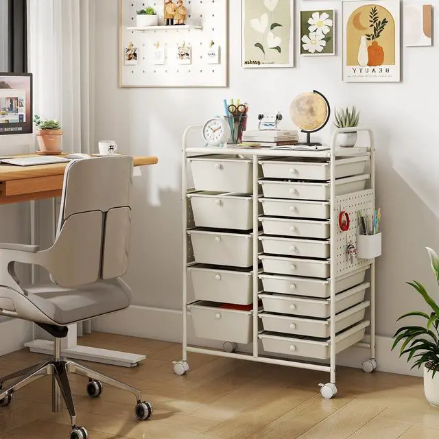 Alt view image 2 of 7 - 15 Drawer Storage Cart, Rolling Craft Cart with Metal Tabletop & Pegboard, Mobile Utility Organizer Trolley with Locking Wheels, Home Office, Classroom, Teacher Supplies, Ivory