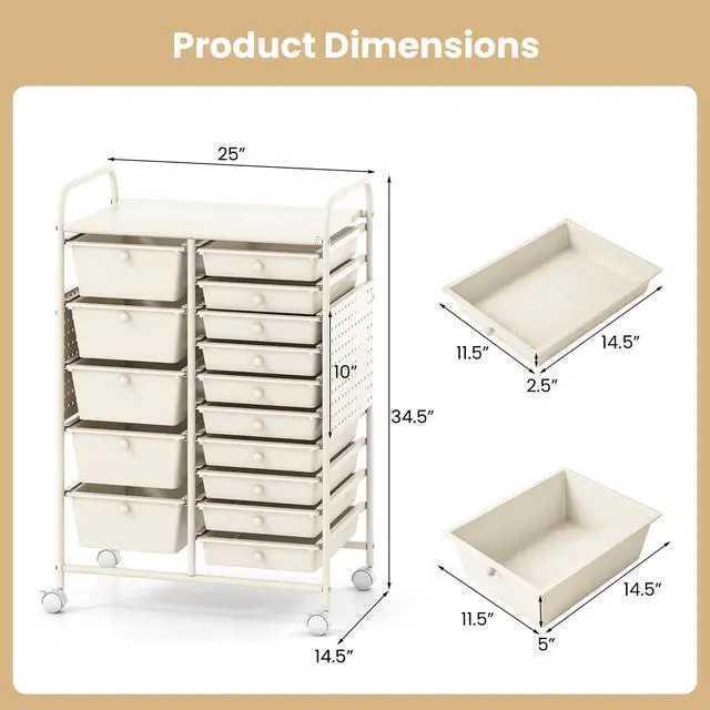 Alt view image 3 of 7 - 15 Drawer Storage Cart, Rolling Craft Cart with Metal Tabletop & Pegboard, Mobile Utility Organizer Trolley with Locking Wheels, Home Office, Classroom, Teacher Supplies, Ivory