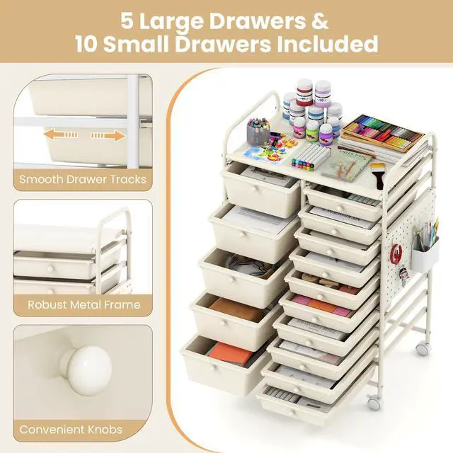 Alt view image 6 of 7 - 15 Drawer Storage Cart, Rolling Craft Cart with Metal Tabletop & Pegboard, Mobile Utility Organizer Trolley with Locking Wheels, Home Office, Classroom, Teacher Supplies, Ivory