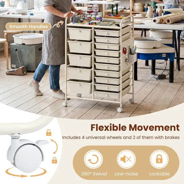 Alt view image 7 of 7 - 15 Drawer Storage Cart, Rolling Craft Cart with Metal Tabletop & Pegboard, Mobile Utility Organizer Trolley with Locking Wheels, Home Office, Classroom, Teacher Supplies, Ivory