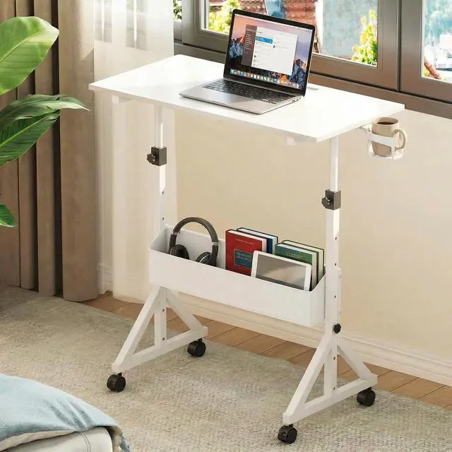 Alt view image 2 of 7 - Mobile Standing Desk with Wheels and Storage Basket, Height Adjustable 28.7"-46.1" Rolling Desk for Walking Pad, Small Space Laptop Computer Workstation for Home Office,White