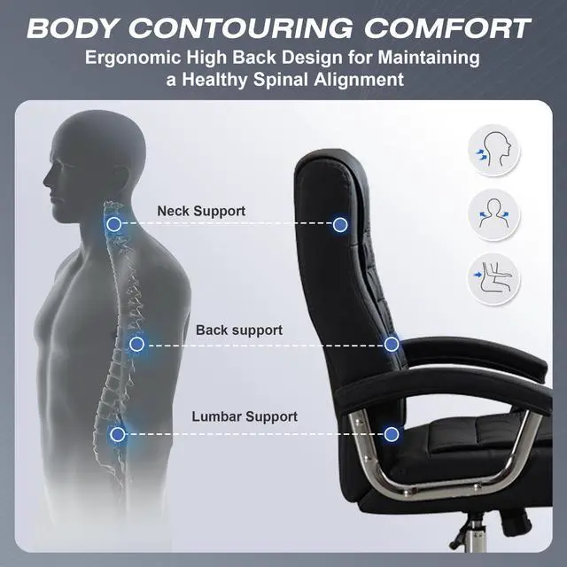 Alt view image 4 of 6 - Executive Office Chair Adjustable Leather Chair, High Back Swivel Office Desk Chair with Padded, Armrest 350lbs Load-Bearing Spring Seat Computer Desk Chair for Home Office, Black