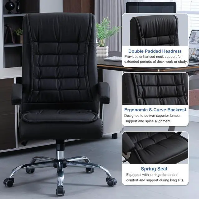 Alt view image 6 of 6 - Executive Office Chair Adjustable Leather Chair, High Back Swivel Office Desk Chair with Padded, Armrest 350lbs Load-Bearing Spring Seat Computer Desk Chair for Home Office, Black