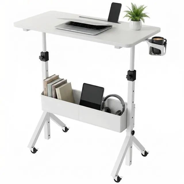 Main image of Mobile Standing Desk with Wheels and Storage Basket, Height Adjustable 28.7"-46.1" Rolling Desk for Walking Pad, Small Space Laptop Computer Workstation for Home Office,White